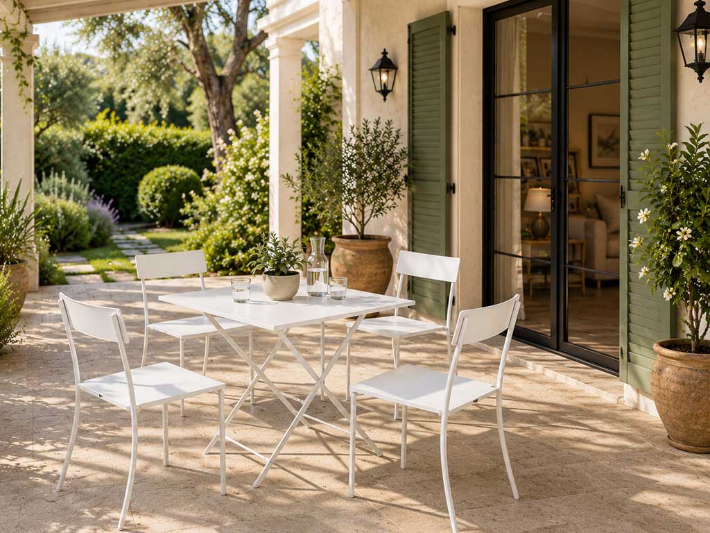 Zona pranzo esterna con tavolo e sedie bianche sotto il portico di una casa di campagna