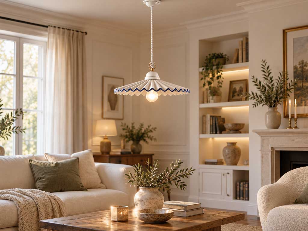 Lampada a sospensione di design in soggiorno luminoso e accogliente