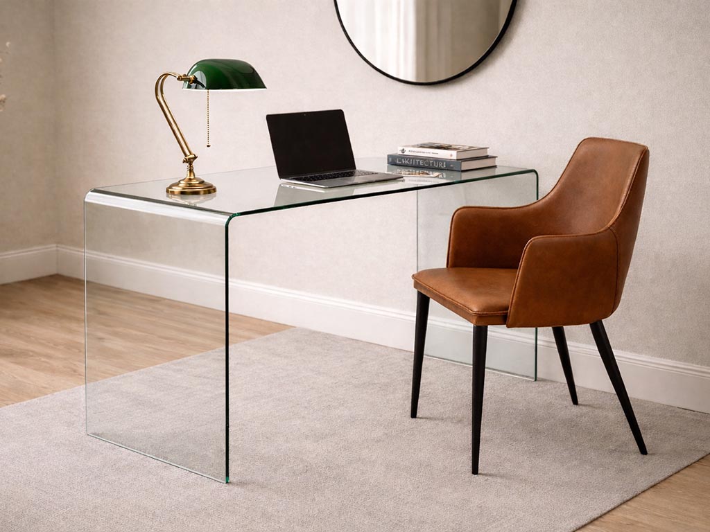Scrivania in vetro curvato per un home office elegante e funzionale