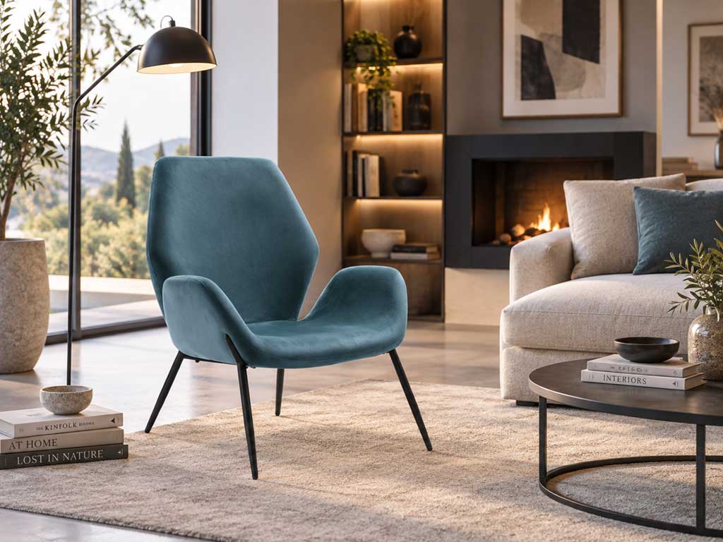 Poltrona di design imbottita in soggiorno moderno con lampada da terra