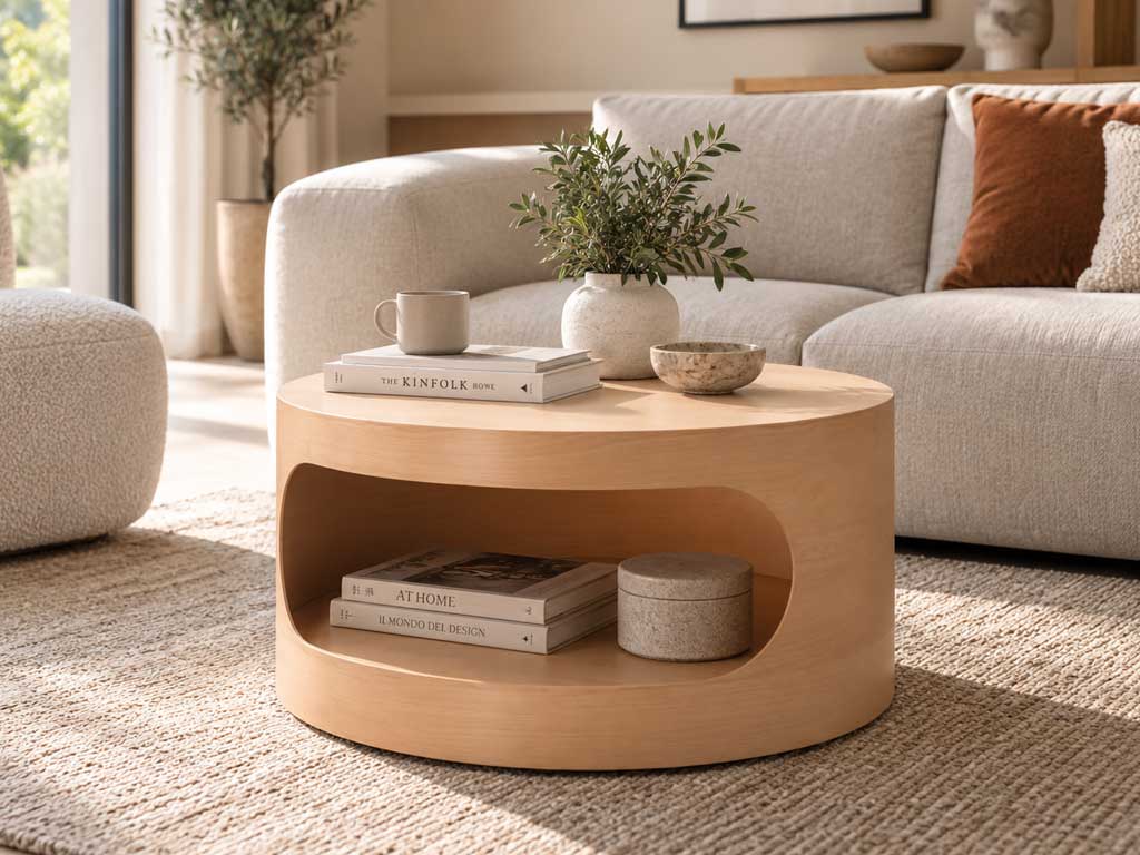 Tavolino da salotto in legno curvato in soggiorno moderno e naturale